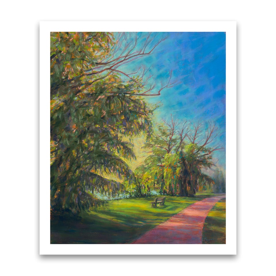 A painting made with soft pastels of giant willow trees on the bank of Lake Nokomis, a pathway and a bench are in the scene.