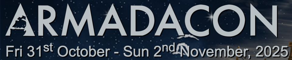 Black background. Large stylised text states: Armadacon. Below that, smaller text states: Fri 31st October - Sun 2nd November, 2025. The A of the title is formed by a triangle upon which is superimposed the outline of a sailing ship.