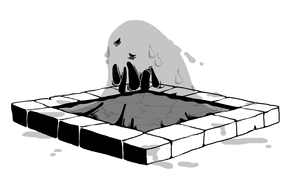 A translucent ooze monster rises menacingly out of a square pool on the ground, where it was disguised as some water.