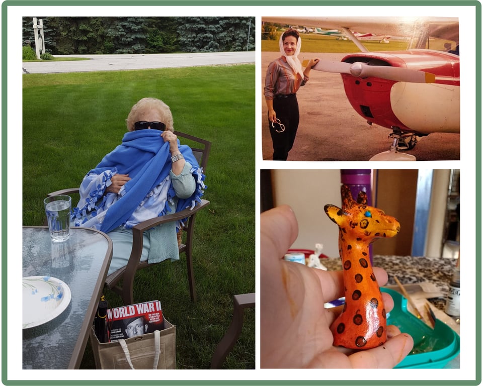 A collage showing an elderly woman wearing big black sunglasses, wrapping the lower part of her face in a blue blanket. She is sitting on a green lawn. The next photo is the same woman, but younger, standing by a small red Cesna plane. The last photo is a figurine in someone's hand, a giraffe sculpted from the next up and painted a reddish-orange, with brown spots and turquoise eyes.