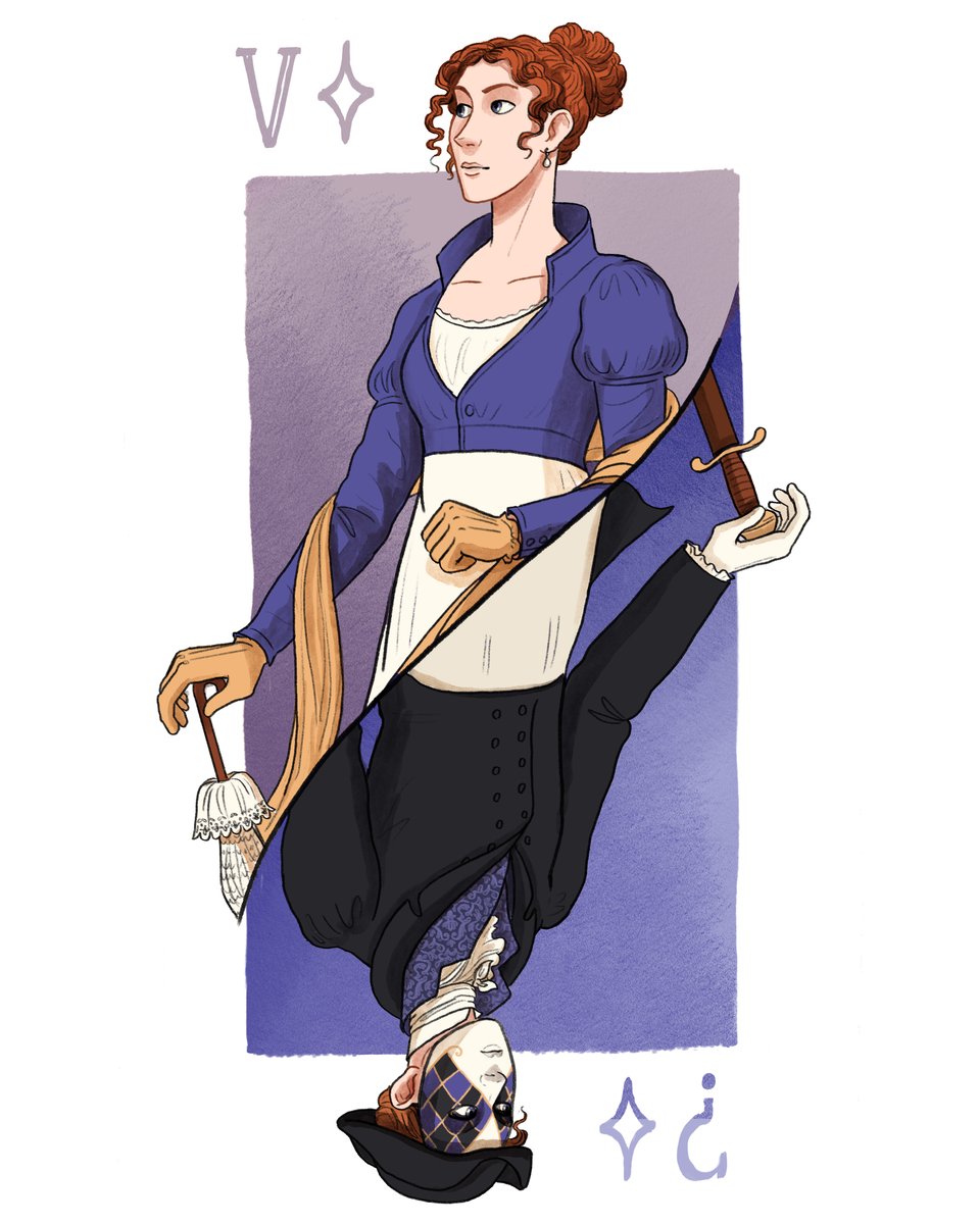 Illustration showing the character from the waist up in the style of a playing card. The V-diamond half shows a woman with red hair in a bun wearing a purple pelisse and white gown with the handle of an umbrella in her gloved hand. In the reverse ?-diamond half she is dressed in masculine masquerade attire and is wearing a Carnivale mask with the hilt of a sword in her hand.