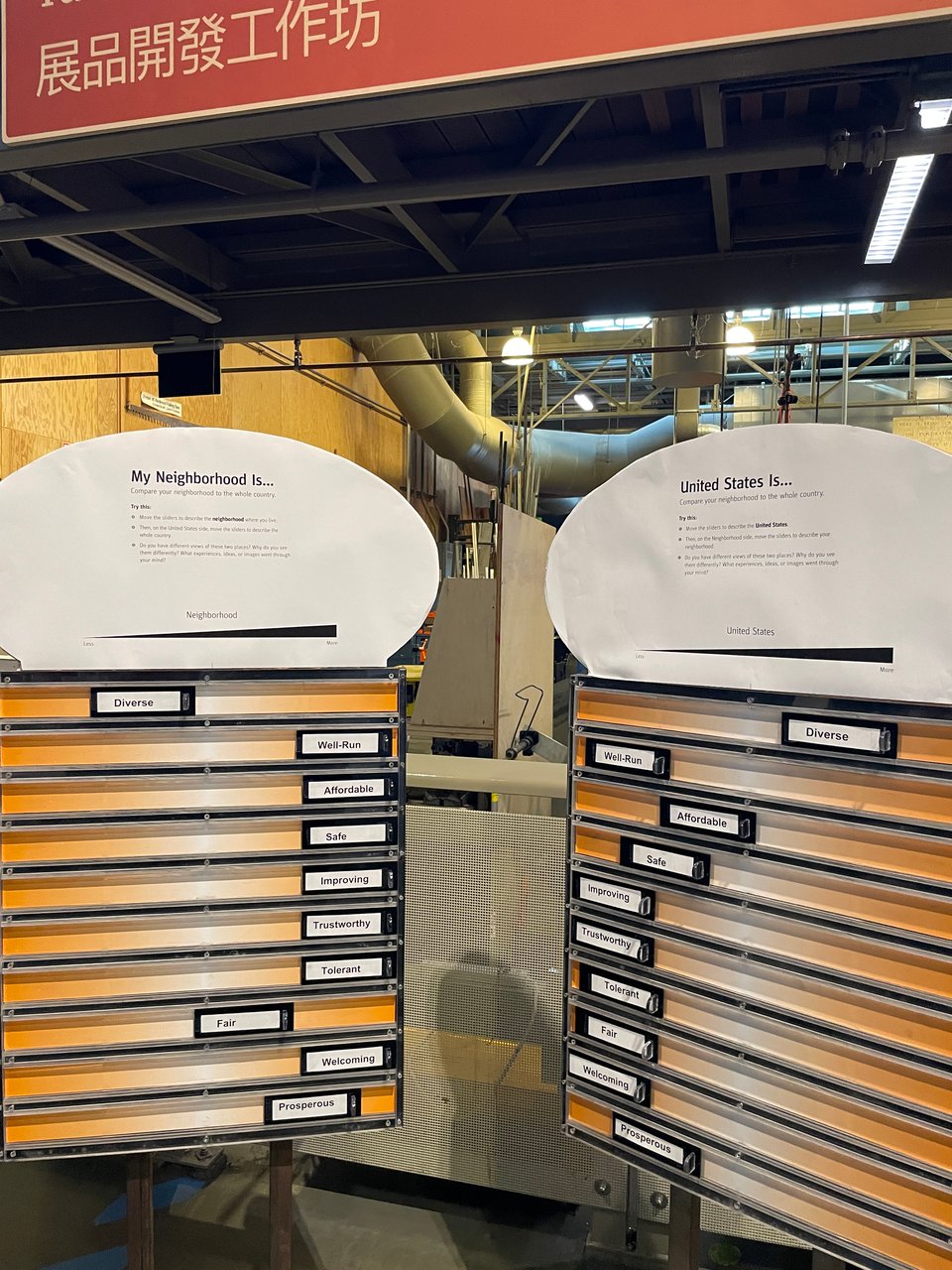 An exhibit of two displays. Left hand side is "my neighborhood" and right side is "United States". More to the right, the more you feel the words. More to the left, the less you feel. The neighborhood has overwhelmingly good feelings, the United States, not so much.