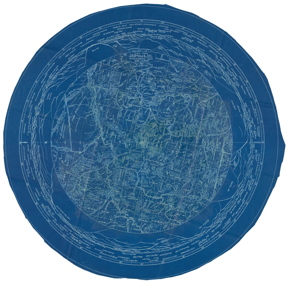 An image of a round dark blue map with tiny fine white lines drawn on it. It is very dense and appears to show some sort of landscape with lots of rivers