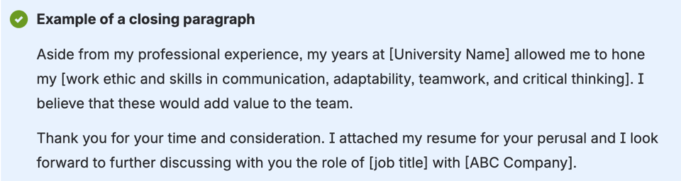 A sample of a closing paragraph for a cover letter
