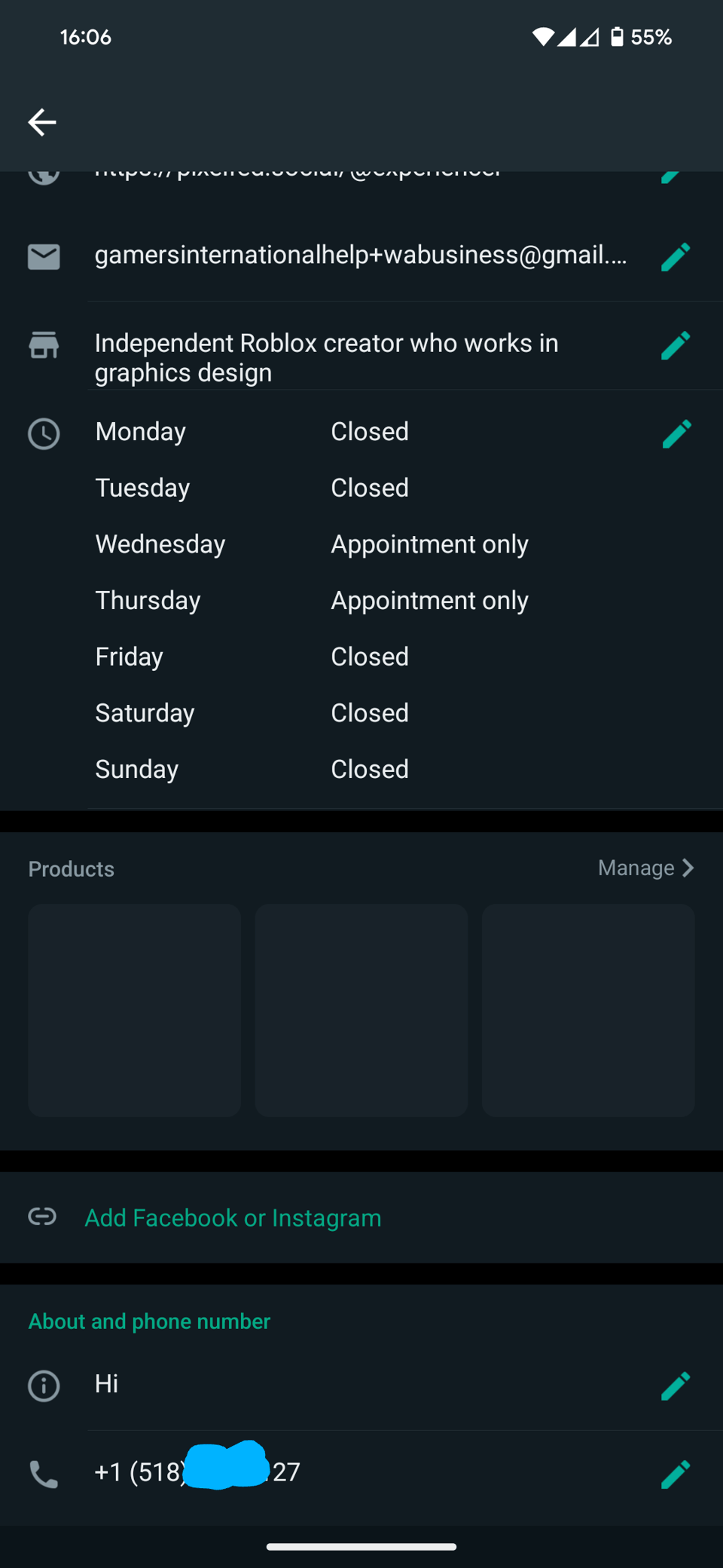 WhatsApp Business account showing I'm registered on +1 (518)-XXX-XX27