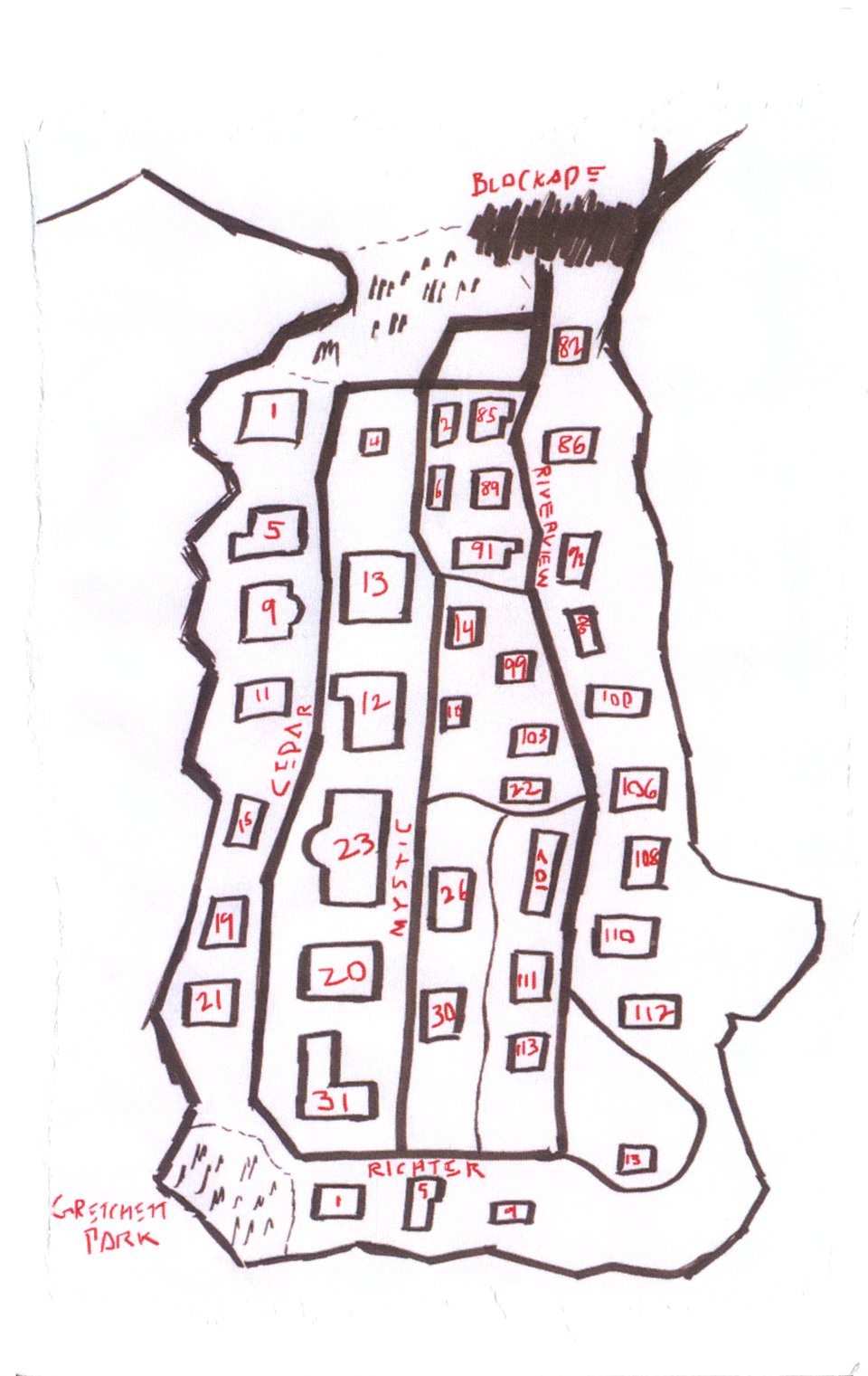 a scrawled map of a neighborhood on ripped paper, scanned in a photocopier
