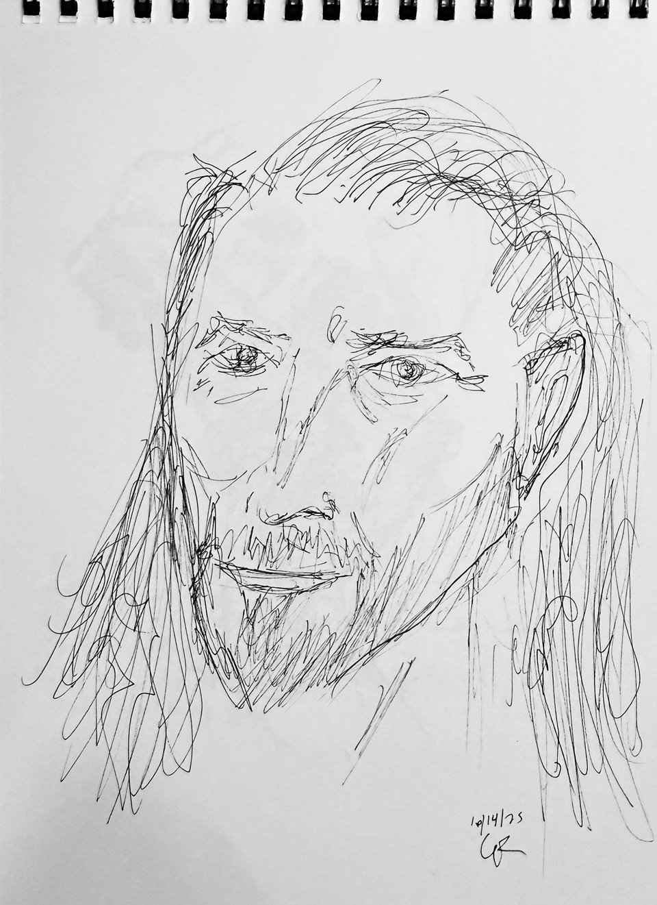 b/w ink sketch of a man's face; he has a short bear and long curly hair