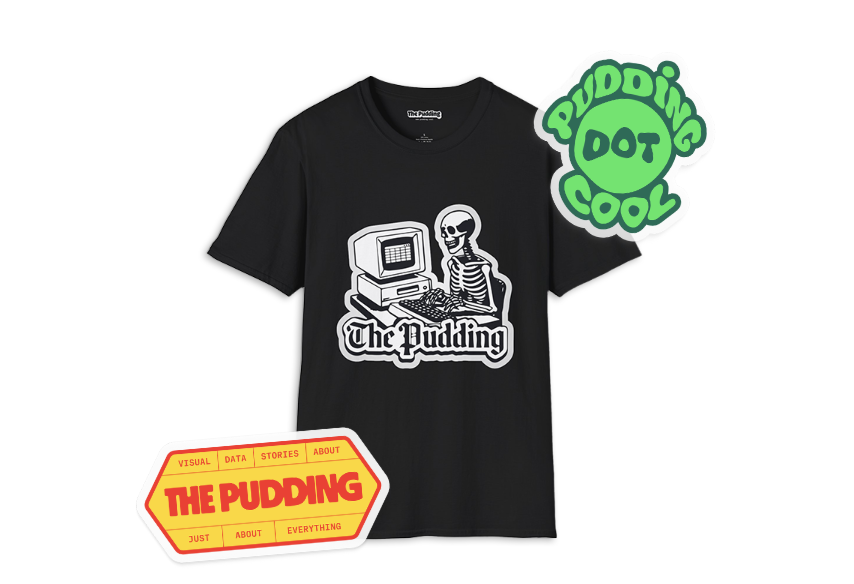 a t-shirt that says "the pudding" with a skeleton on the computer and two retro-style Pudding stickers overlaid