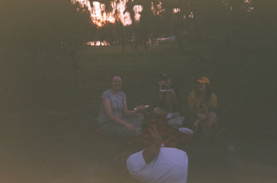 a group of 4 people sitting on a picnic blanket, eating hotdogs during the sunset.