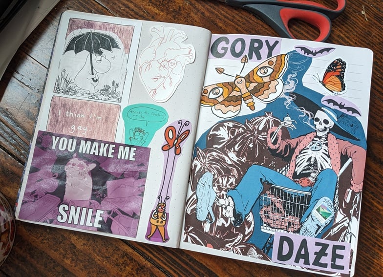 a photo of a journal spread collaged with various bits cut out of fliers, prints, sticky notes, etc. The left page includes a drawing of a self-insert Moomin carrying an umbrella; an anatomical heart with a creepy little face staring out of the middle of it; a doodle of Maia's former roommate Ollie saying "thank you for feeding me!" a little guy holding strings attached to a butterfly flying overhead, and a lolcat meme with the text "you make me snile." On the right hand page, there's a brown moth, some bats, a monarch butterfly, a skeleton lounging in a shopping cart and surrounded by trash bags; the skeleton is wearing an open cardigan, jeans, crocs, a necklace, a big sunhat, and is smoking a cigarette. The word "Gory" is pasted to the top left corner, and "Daze" is pasted in the bottom right corner.