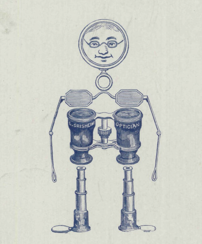Vintage blue ink illustration of a whimsical anthropomorphic figure composed of optical instruments: a magnifying glass forms the head with a smiling face wearing glasses, binoculars labeled 'SAISHEIM OPTICIAN' form the torso, hexagonal shapes form the shoulders, simple lines form the arms, and telescope tubes form the legs with lens elements at the feet. Vintage blue ink illustration of a whimsical anthropomorphic figure composed of optical instruments: a magnifying glass forms the head with a smiling face wearing glasses, binoculars labeled 'SAISHEIM OPTICIAN' form the torso, hexagonal shapes form the shoulders, simple lines form the arms, and telescope tubes form the legs with lens elements at the feet.