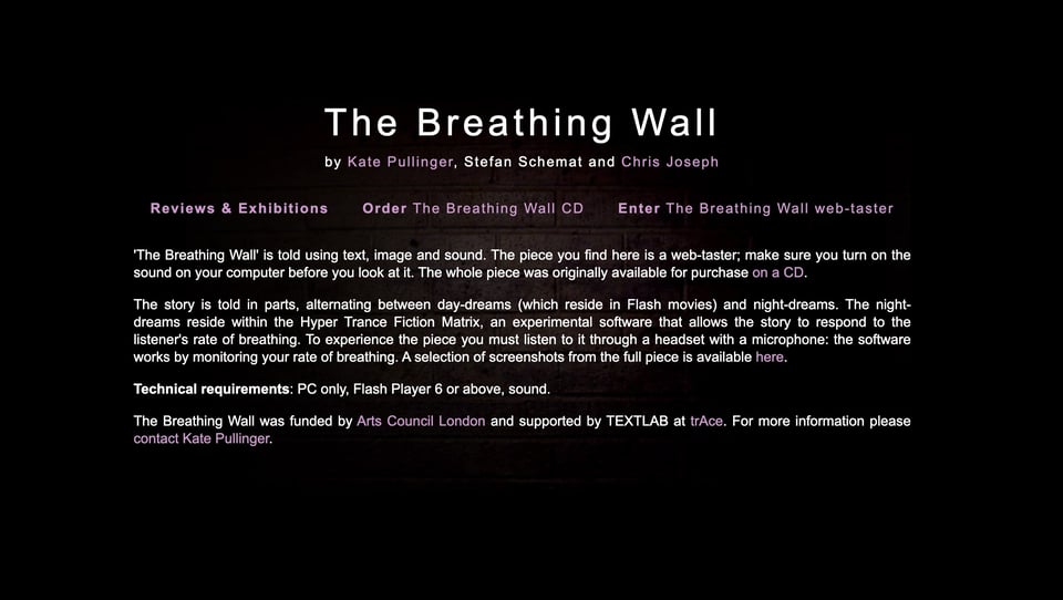 home page of The Breathing Wall - hard to read white text on black background, no images