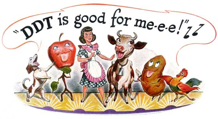 An advertisement thats showing a woman, surrounded by a cow, a potato with a face and eyes, an apple with a face and eyes, and a dog, all of whom are all singing the words "DDT is good for me-e-e"