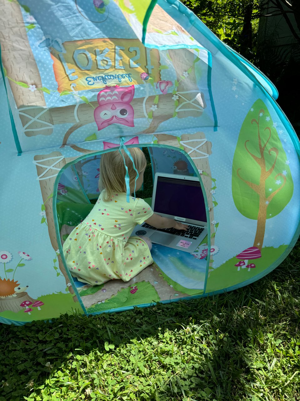 My niece in a tent outside with my laptop.