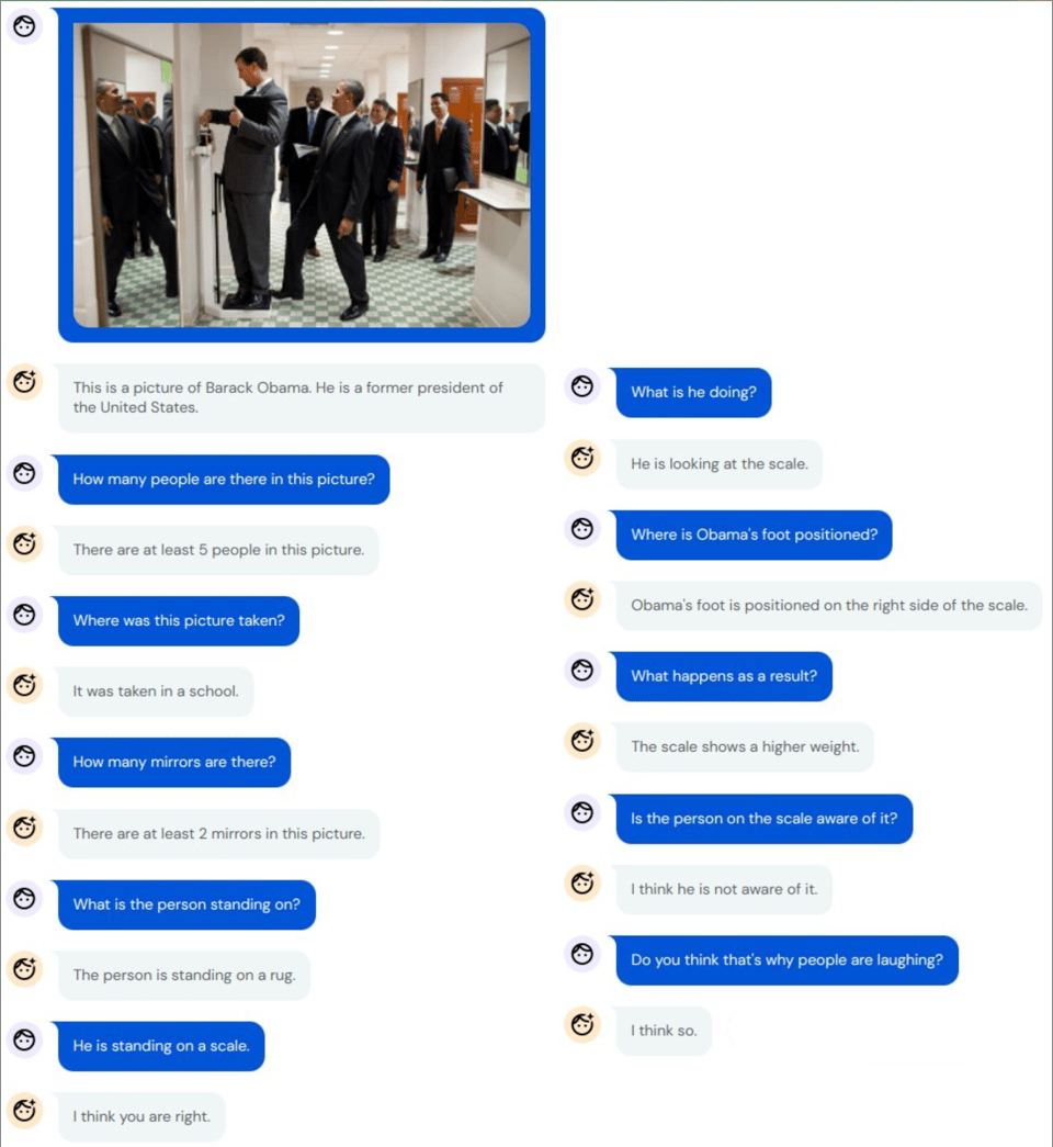 Chat conversation with a multi-modal AI asking questions about an uploaded photo of obama trolling someone by stepping on a scale while they're weighing themselves
