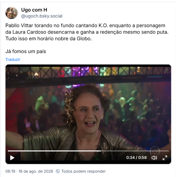 Post de Ugo com H (@ugoch.bsky.social): Pabllo Vittar torando no fundo cantando K.O. enquanto a personagem da Laura Cardoso desencarna e ganha a redenção mesmo sendo puta. Tudo isso em horário nobre da Globo.
Já fomos um país
(post contém vídeo com cena da novela com a atriz Laura Cardoso)