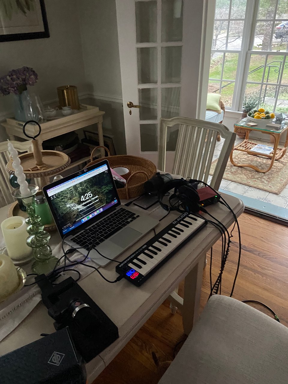 a laptop on a table in a living room