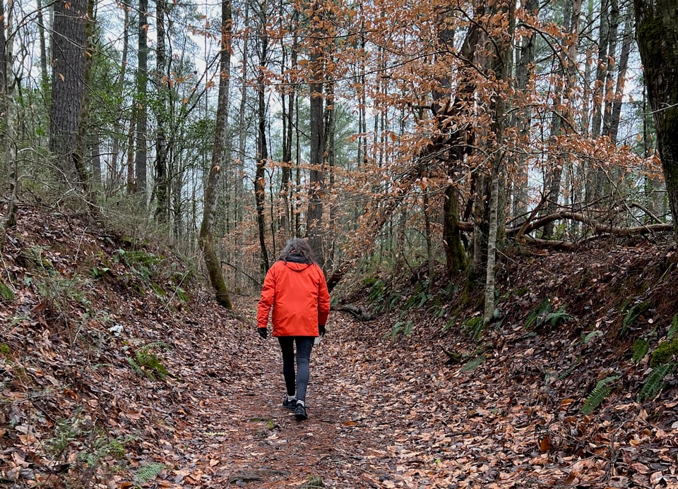Woman in a red jacket and black pants hiking through a trail in the woods.