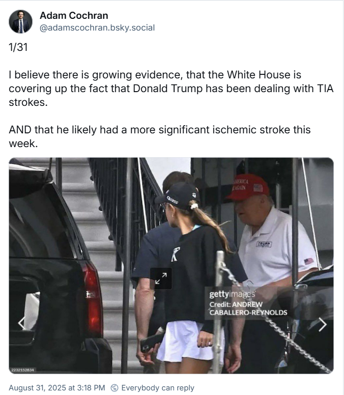 Início de uma thread de Adam Cochran (‪@adamscochran.bsky.social‬), com 31 posts, começando com o texto: I believe there is growing evidence, that the White House is covering up the fact that Donald Trump has been dealing with TIA strokes. AND that he likely had a more significant ischemic stroke this week. (em livre tradução: Acredito que há evidências crescentes de que a Casa Branca está encobrindo o fato de que Donald Trump está sofrendo de AVCs do tipo AIT. E que ele provavelmente teve um derrame isquêmico mais significativo esta semana. (o post traz imagem de Trump com boné, no que seria um ida a um jogo de golfe)