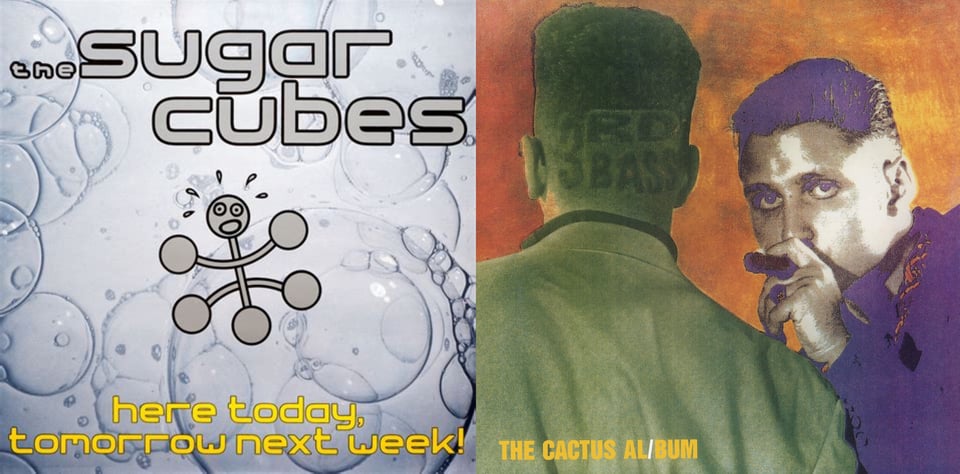 First pic: A bluish-white background showing a photograph of a whole bunch of bubbles. In front of the bubble is a drawn figure who kind of looks like he's made of six q-tips: one vertical, and two across horizontally, with the buds of the first q-tip making the "hands" and the buds of the second, lower q-tip making the "feet." The bud on top of the vertical q-tip has a simple face drawn on it, two eyes and an open mouth. There are sweat beads flying from its head. The overall effect is a very worried q-tip person.  Second pic: A picture of MC Serch on the left and Prime Minister Pete Nice on the right, both of 3rd Bass. MC Serch has his back to us. He is tinted green and has tall curly hair that has been shaved on the sides. On the back of his head/neck "3rd Bass" has been shaved into his hair. Pete Nice is tinted purple and is facing us. His mouth is obscured by the big cigar he's holding in his mouth. The background is dark orange.