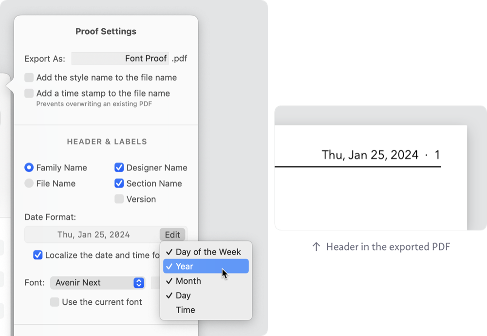 Editing the header date format in Proof Settings