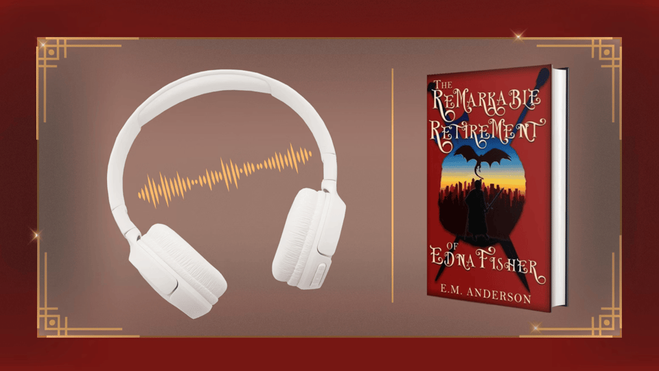 red graphic with white headphones on the left and a hardcover of E.M. Anderson's The Remarkable Retirement of Edna Fisher on the right.