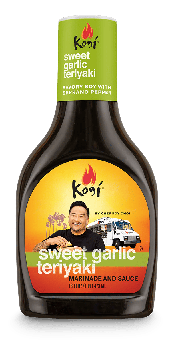 A bottle of Kogi brand Sweet Garlic Teriyaki Marinade and Sauce