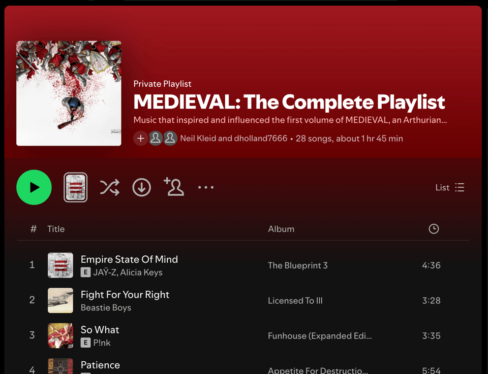 screenshot for the Medieval Vol.1 playlist on spotify
