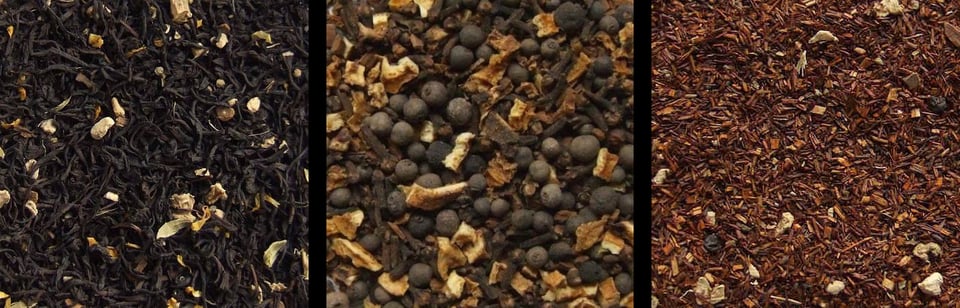 triptych of Chocolate Chai house black tea blend leaves, Mulling Spices, and Rooibos Masala Chai leaves