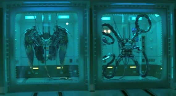 Two high-tech cells contain a cybernetic set of wings (from the Vulture) and cybernetic octopus arms (from Doc Ock).