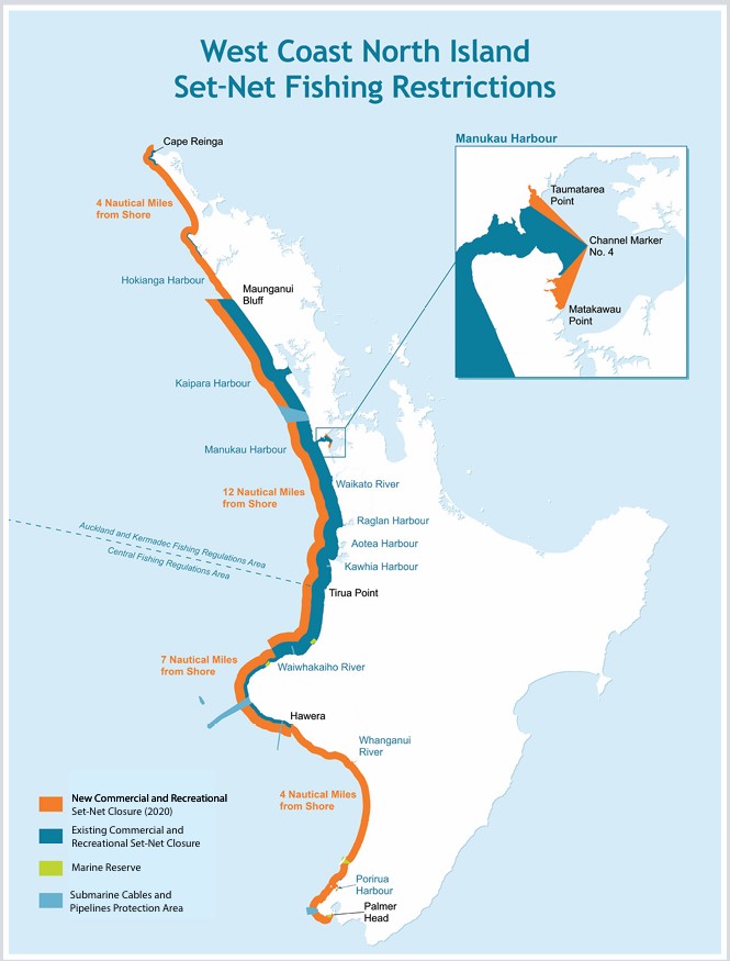 Les eaux littorales d'une moitié seulement de la côte ouest de l'île du Nord de la Nouvelle Zélande était protégées par une interdiction des filets de pêche calés jusqu'à 7 milles des côtes. Depuis le 1er octobre 2020, c'est toute la côte ouest qui est protégée par une interdiction de pêche au filet fixe étendue jusqu'à 4, 7 ou 12 milles des côtes. Source = Fishing and aquaculture | NZ Government