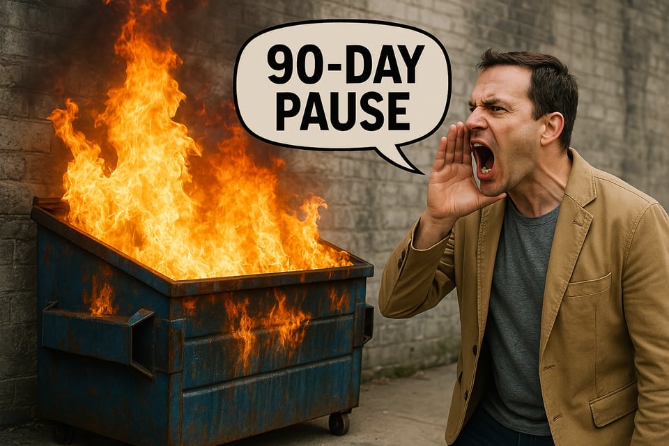 A man yelling "90-day pause" at a burning dumpster