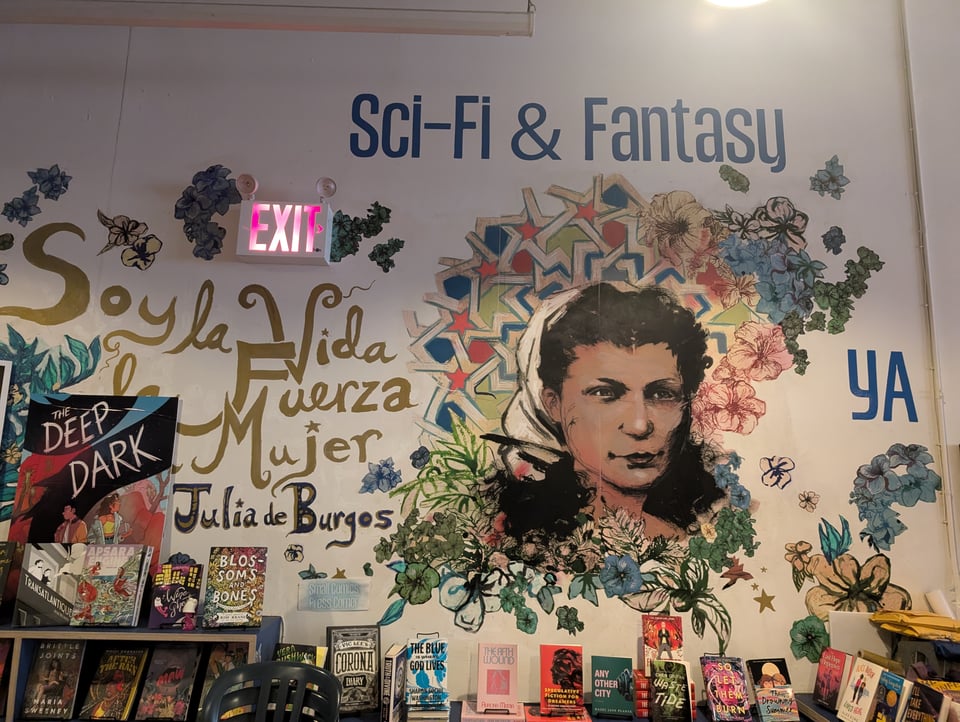 Here's my photo of a beautiful mural inside Bluestockings by Molly Crabapple. They also sell this as prints!