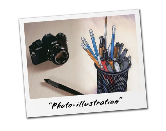 Cover image for Mark Allard-Will's "Photo Illustration" Kickstarter. The image depicts a photograph on one side, of a film camera and a tablet stylus pen, and an illustration of a pencil holder filled with various pens and other drawing supplies on the other side.