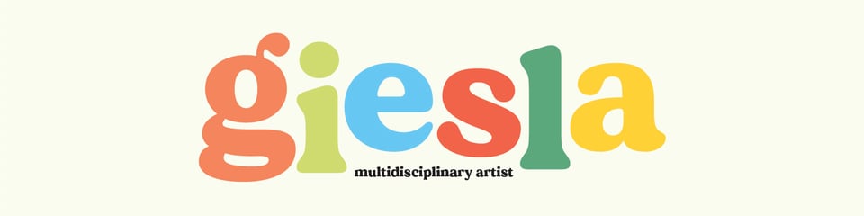 Multicolored letters spelling out Giesla on light green background. Small black text that says multidisciplinary artist.