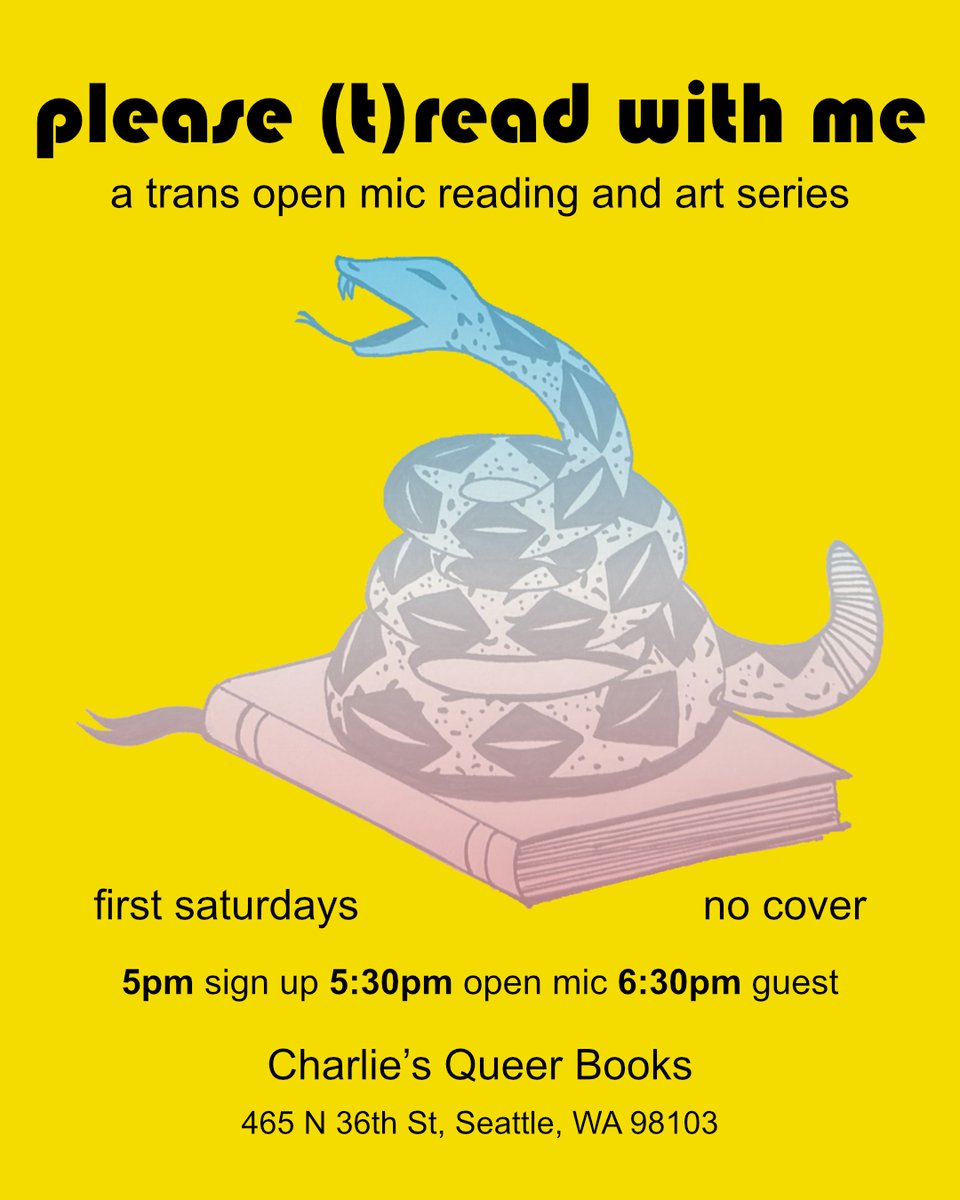 Flyer for please (t)read with me featuring a snake curled on top of a book in the trans flag colors.