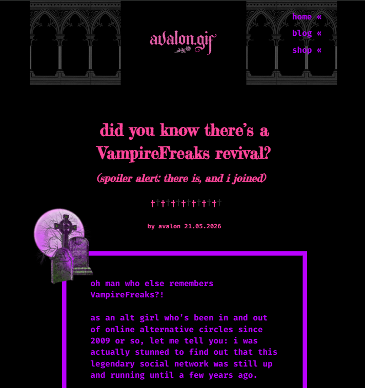 did you know there's a VampireFreaks revival? image features a picture of a cemetery cross and headstones against a moon background, and the beginning of the blog article on avalongif.com