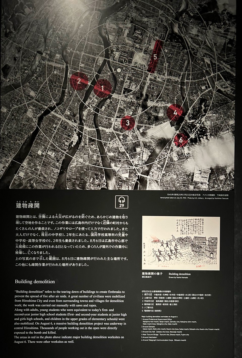 Photograph of an exhibit from the Hiroshima Peace Memorial Museum. An aerial photograph of Hiroshima city is overlaid with concentric circles spreading out from the hypocenter of the atomic bomb blast. Red circles show the location of demolition worksites. The English text on the exhibit reads: "Building demolition  “Building demolition” refers to the tearing down of buildings to create firebreaks to prevent the spread of fire after air raids. A great number of civilians were mobilized from Hiroshima City and even from surrounding towns and villages for demolition work; the work was carried out manually with saws and ropes.  Along with adults, young students who were equivalent to today’s first- and second-year junior high school students (first- and second-year students at junior high and girls high schools, and children in the upper grades of elementary schools) were also mobilized. On August 6, a massive building demolition project was underway in central Hiroshima. Thousands of people working out in the open were directly exposed to the bomb and killed.  The areas in red in the photo above indicate major demolition worksites on August 6. There were other worksites as well."