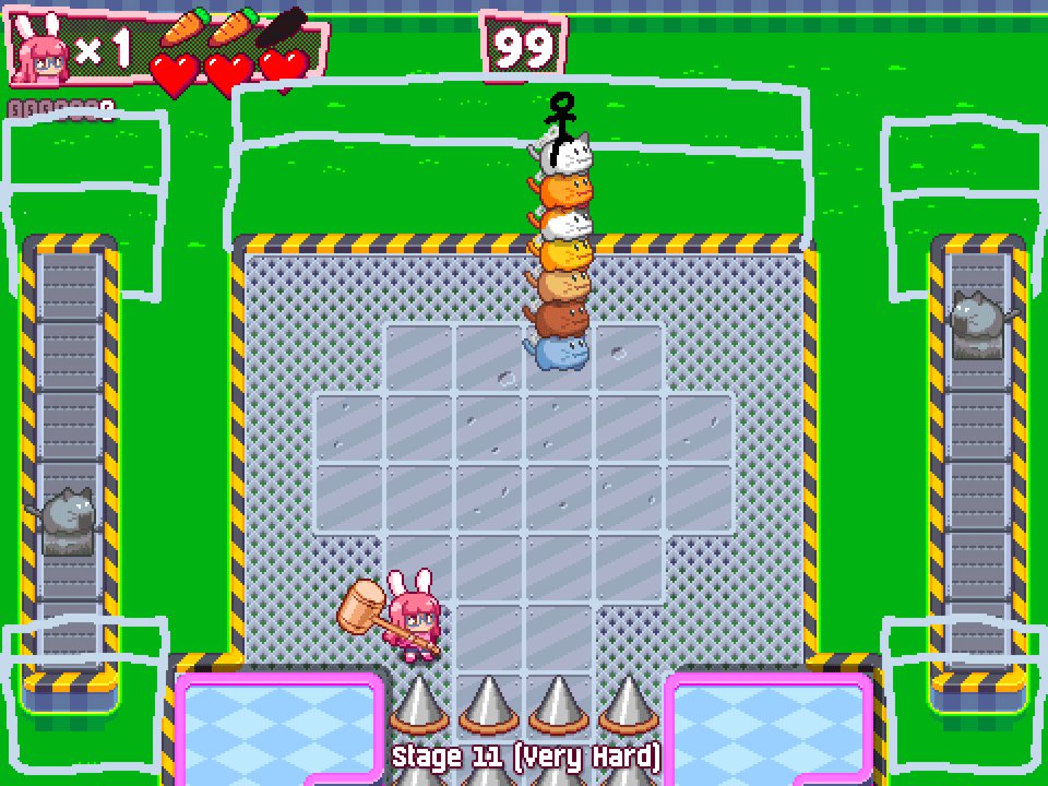 A stick figure riding on a stack of wind-up cat enemies, next to some conveyor belts with wind-up cats on them