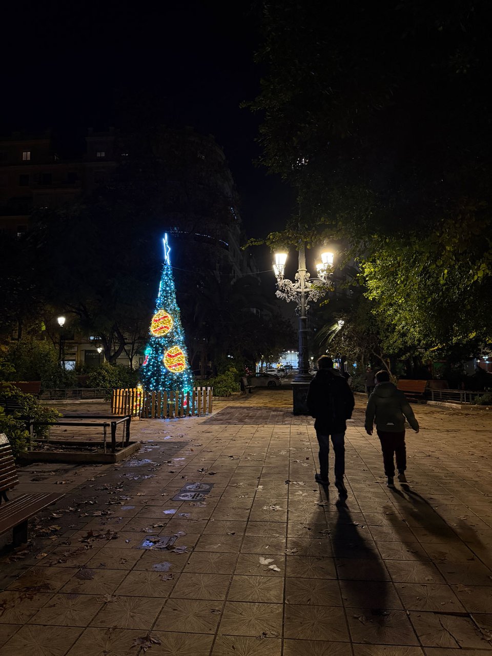 two people walk away in a park. There is a Christmas tree lit up with lights in the middle of the park.