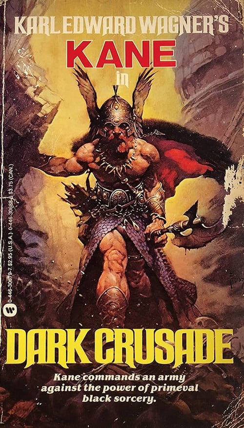 A lurid paperback cover for the book Dark Crusade, depicting a red-haired, shirtless warrior holding an axe.
