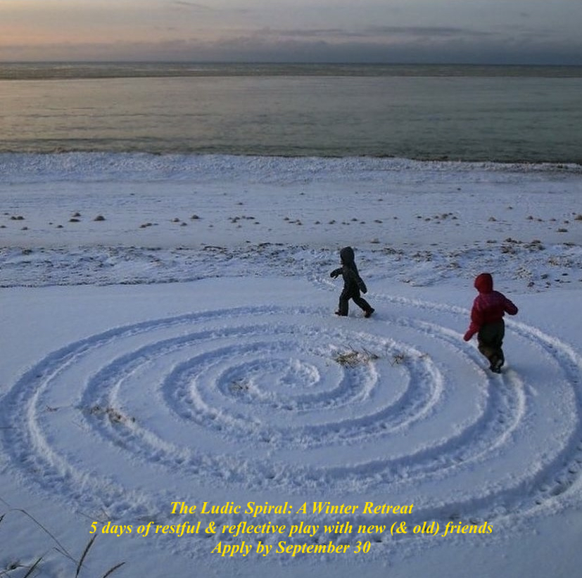 kids running in a snow spiral