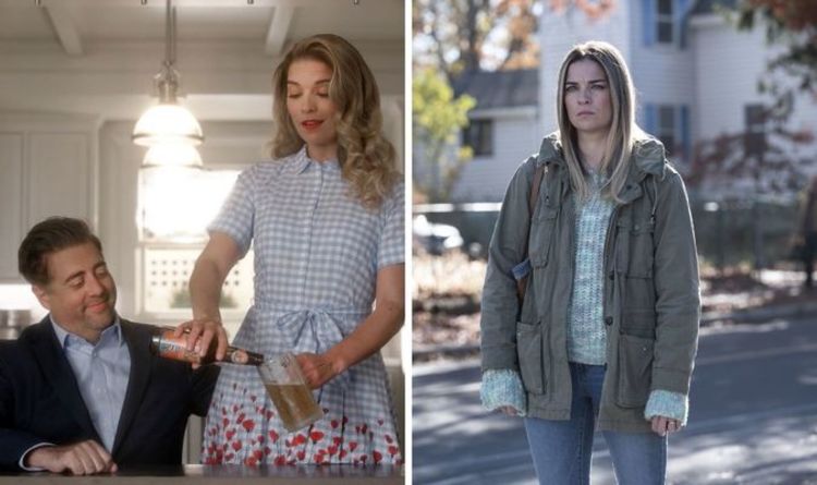 1950s white woman pouring a white man a beer and split screen of same woman in 2000s regular clothes