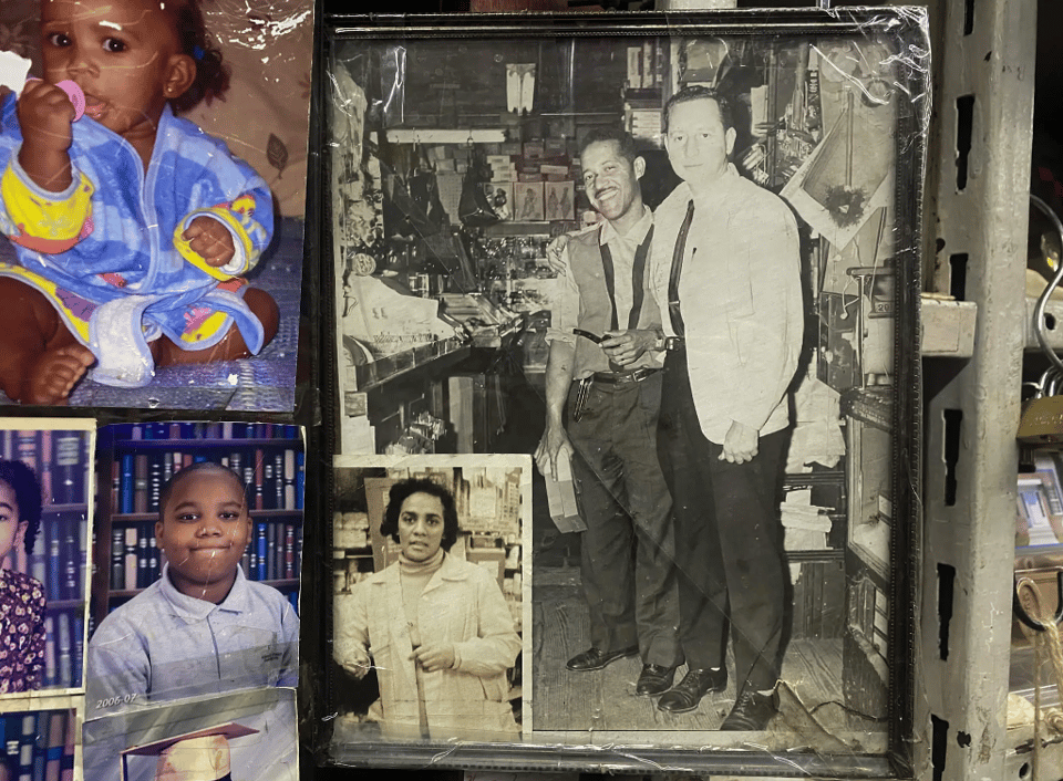 Peter Hayes pictured with the store’s original owner, Samuel Pelner. An insert of Clara Hayes is in the bottom left corner. Photo by Anna Bradley-Smith.