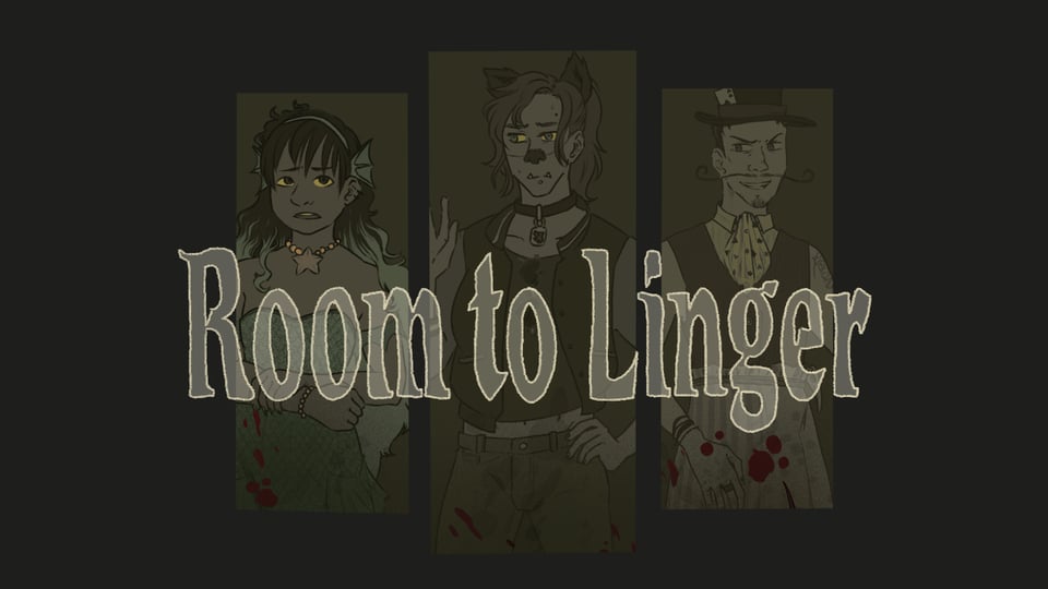 title card for a game called Room to Linger in a dark, muted sepia palette. Three faded portraits are visible behind the text showing three different people in costumes, all looking upset, with eerie blood splatters in the foreground.