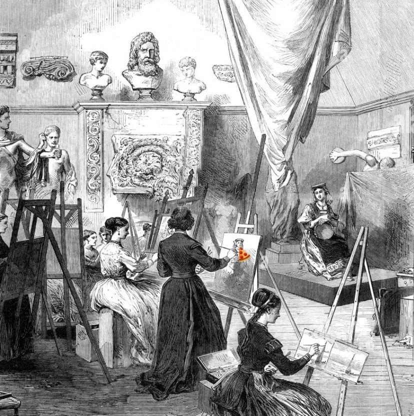 Old-timey print of women drawing from life (with added pizza)