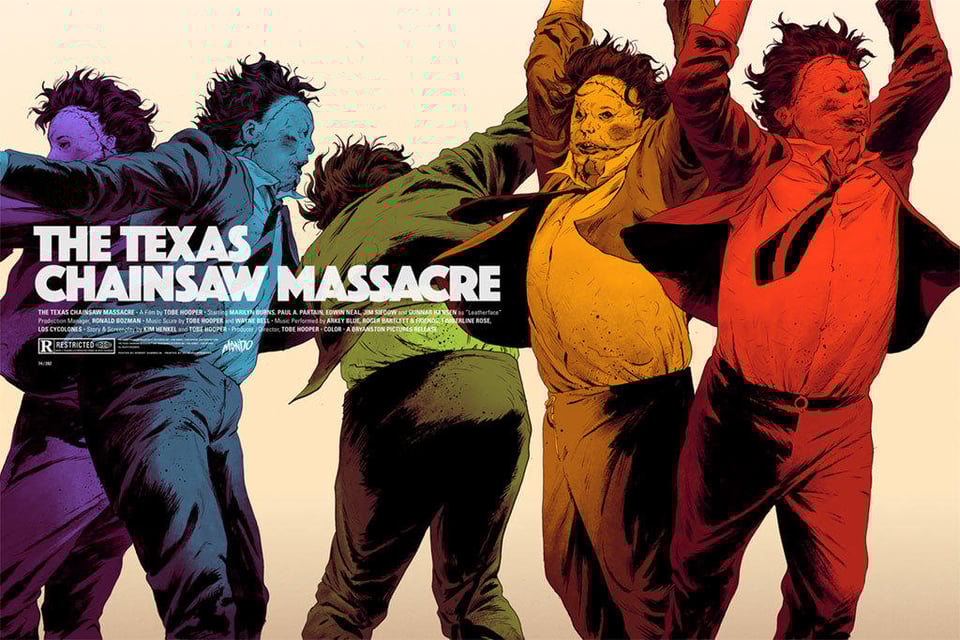 A recreation of five stills from the ending shot of The Texas Chain Saw Massacre, each one overlapping the last from left to right and in a monochromatic tone (purple, blue, green, yellow, and red). The character of Leatherface, in his ill-fitting suit, shirt, and tie, twirls and spins manically. Where the chainsaw would have been in the original shot, it is either out of frame or absent.
