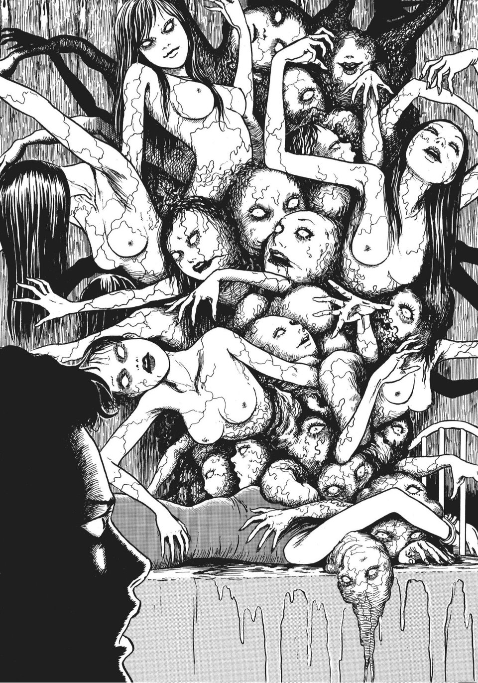 Tomie in her monstrous form, erupting in a dozen versions of herself growing from her corpse