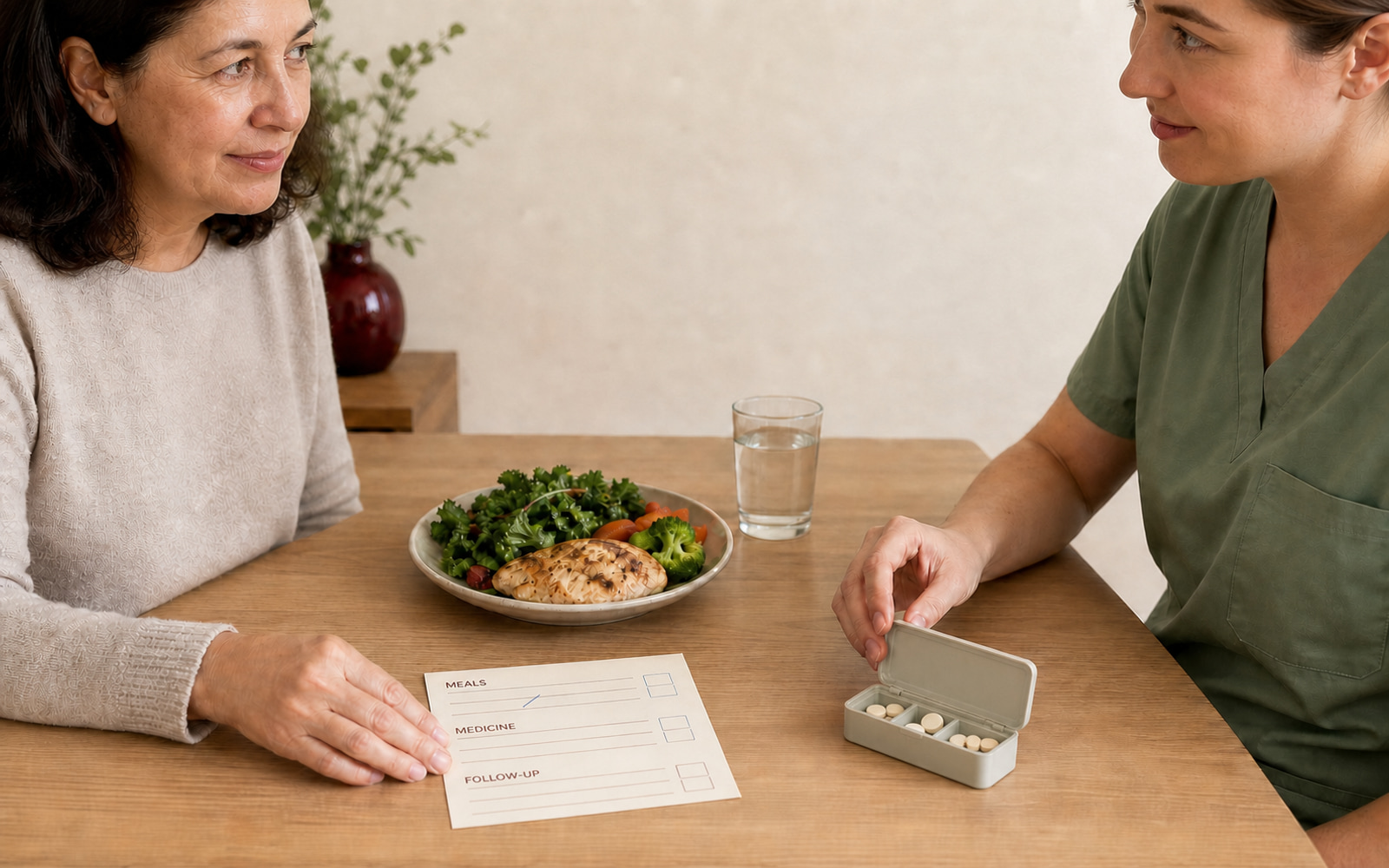 A woman and a clinician sitting at a table with an open weekly pill organizer between them, alongside a plated meal, a glass of water, and a card listing meals, medicine, and follow-up.