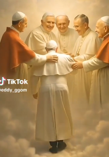 In this screenshot taken off Tik Tok, the recently departed Pope Francis is greeted in heaven by, from the left, his predecessors Paul VI, Benedict XVI, John Paul II, John Paul I, and John XXIII.